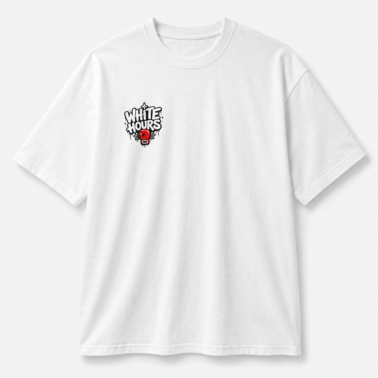 Front view of white Back to the Basics oversized T-shirt