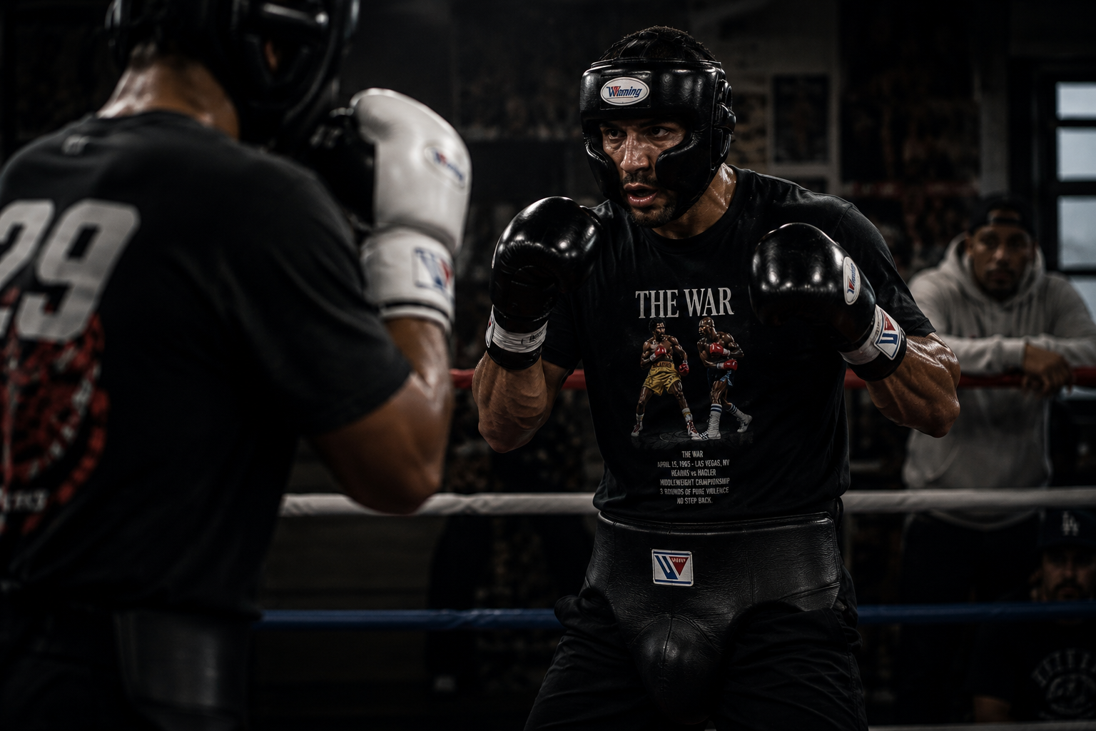 Boxer wearing The War T-shirt during sparring in a dark gym